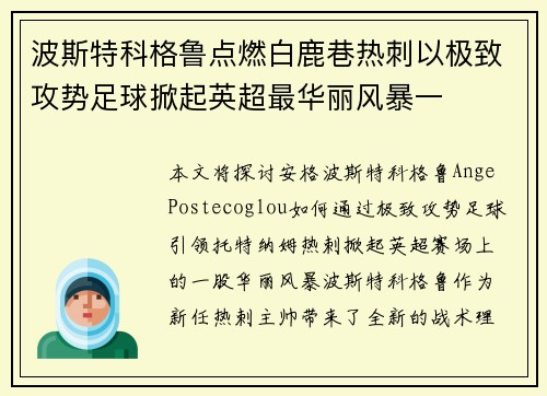 波斯特科格鲁点燃白鹿巷热刺以极致攻势足球掀起英超最华丽风暴一 波斯特科格鲁点燃白鹿巷热刺以极致攻势足球掀起英超最华丽风暴一